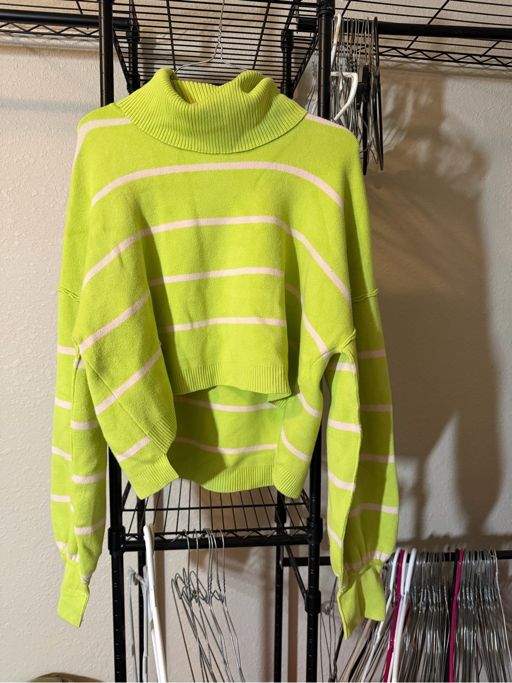 Free People Neon Lime and Cream Cropped Turtleneck Sweater